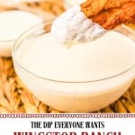 A chicken tender is dipped into a bowl of creamy Wingstop Ranch, with text promoting homemade Wingstop Ranch from littlehousebigalaska.com.