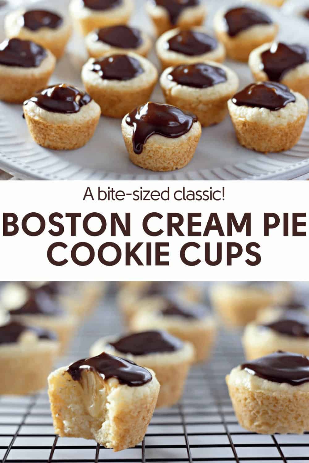 Close-up of Boston cream pie cookie cups with chocolate tops on a white plate and cooling rack. Text reads: "A bite-sized classic! BOSTON CREAM PIE COOKIE CUPS.