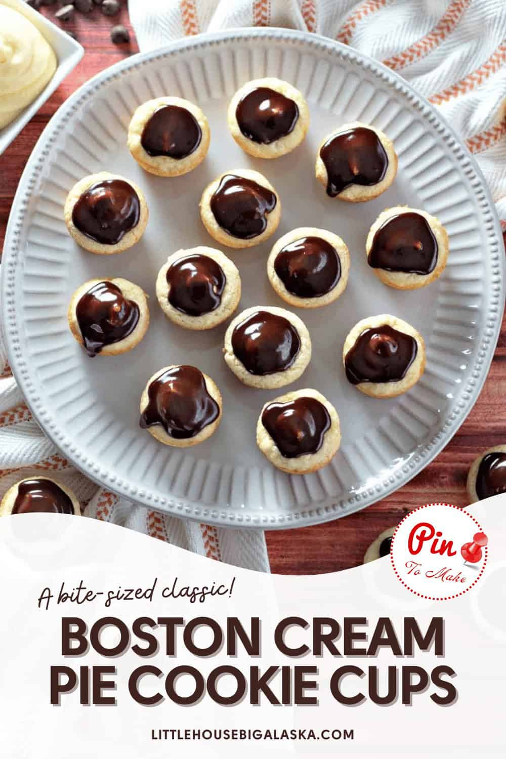 A plate of Boston cream pie cookie cups with chocolate glaze. Text reads "A bite-sized classic! Boston Cream Pie Cookie Cups.