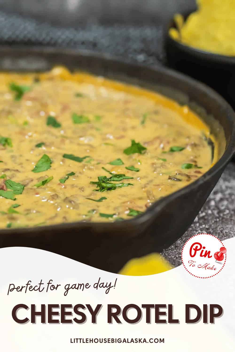 Close-up of a skillet containing cheesy Rotel dip garnished with chopped herbs. Text overlay reads "Perfect for game day! CHEESY ROTEL DIP".