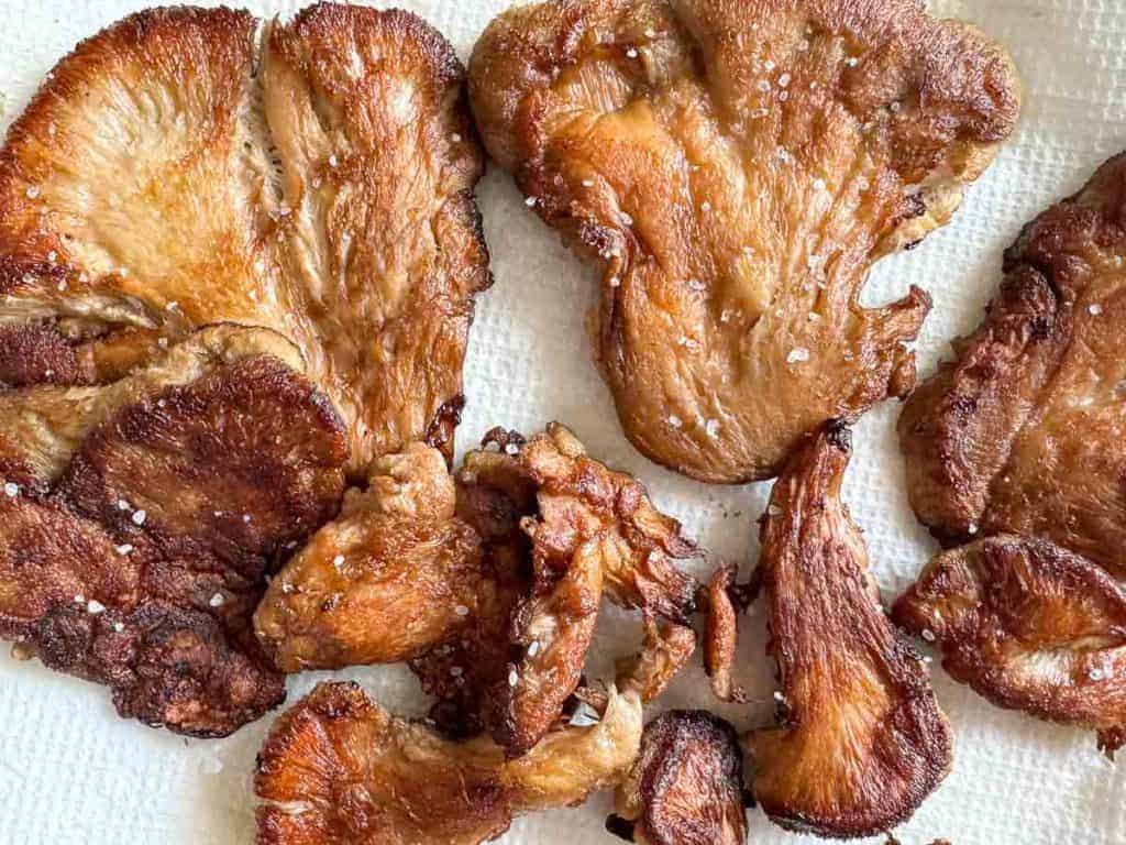 Cooked oyster mushrooms on a white paper towel, lightly seasoned with salt.