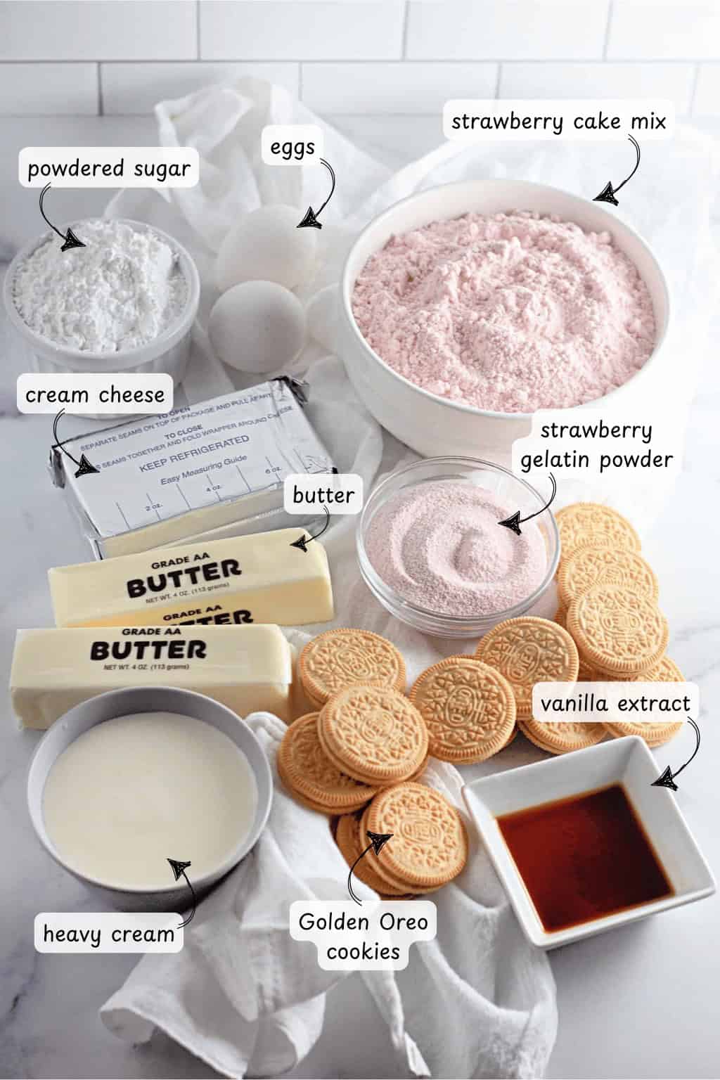 For a delightful strawberry dessert, gather ingredients like strawberry cake mix and Golden Oreo cookies. Enhance the treat with gelatin, powdered sugar, cream cheese, butter, heavy cream, eggs, and vanilla extract for irresistible Strawberry Crunch Bars.