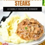 Plate of turkey Salisbury steak with mushroom gravy and mashed potatoes. Text emphasizes it's a family favorite dinner with lean turkey and rich flavor.