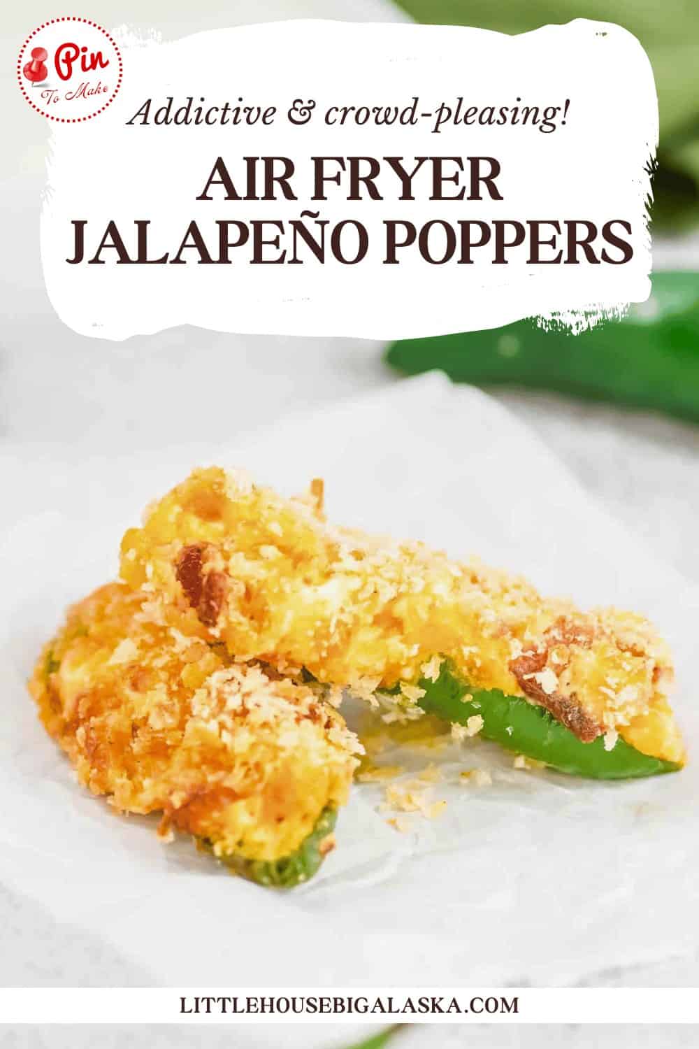 JalapeƱo poppers on a white surface, topped with breadcrumbs and a crispy coating, showing green pepper edges. Text above promotes air fryer recipe.