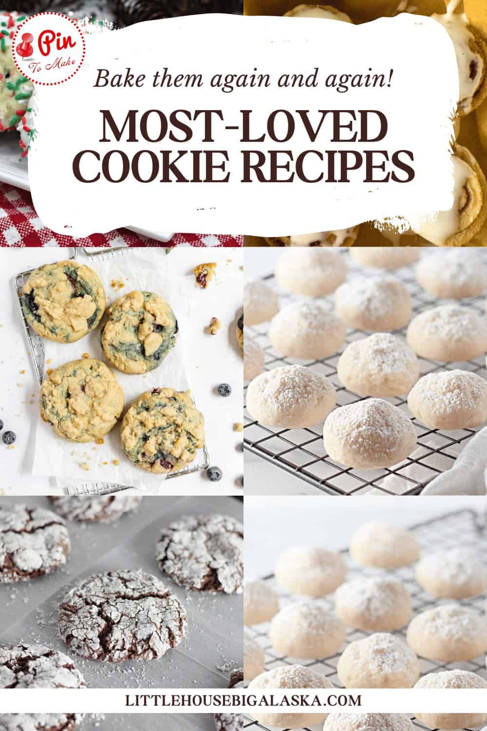A collage of various cookies, including chocolate crinkles, snowball cookies, and cookies with berries, with the text "Most-Loved Cookie Recipes" and "Bake them again and again!.