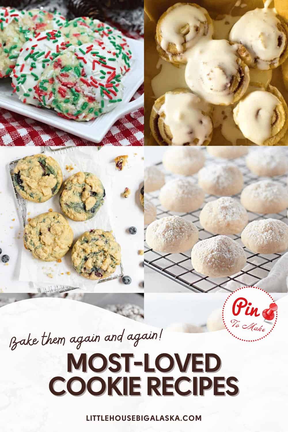 A collage of four types of cookies: red and green sprinkled, iced, blueberry-studded, and powdered sugar-coated. Text reads "Most-Loved Cookie Recipes.
