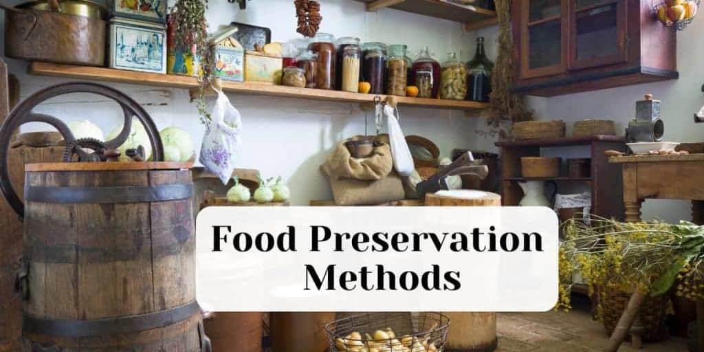 A rustic kitchen with shelves of jars for preservation, baskets, wooden barrels, and herbs hanging. Text overlay: "Food Preservation Methods.