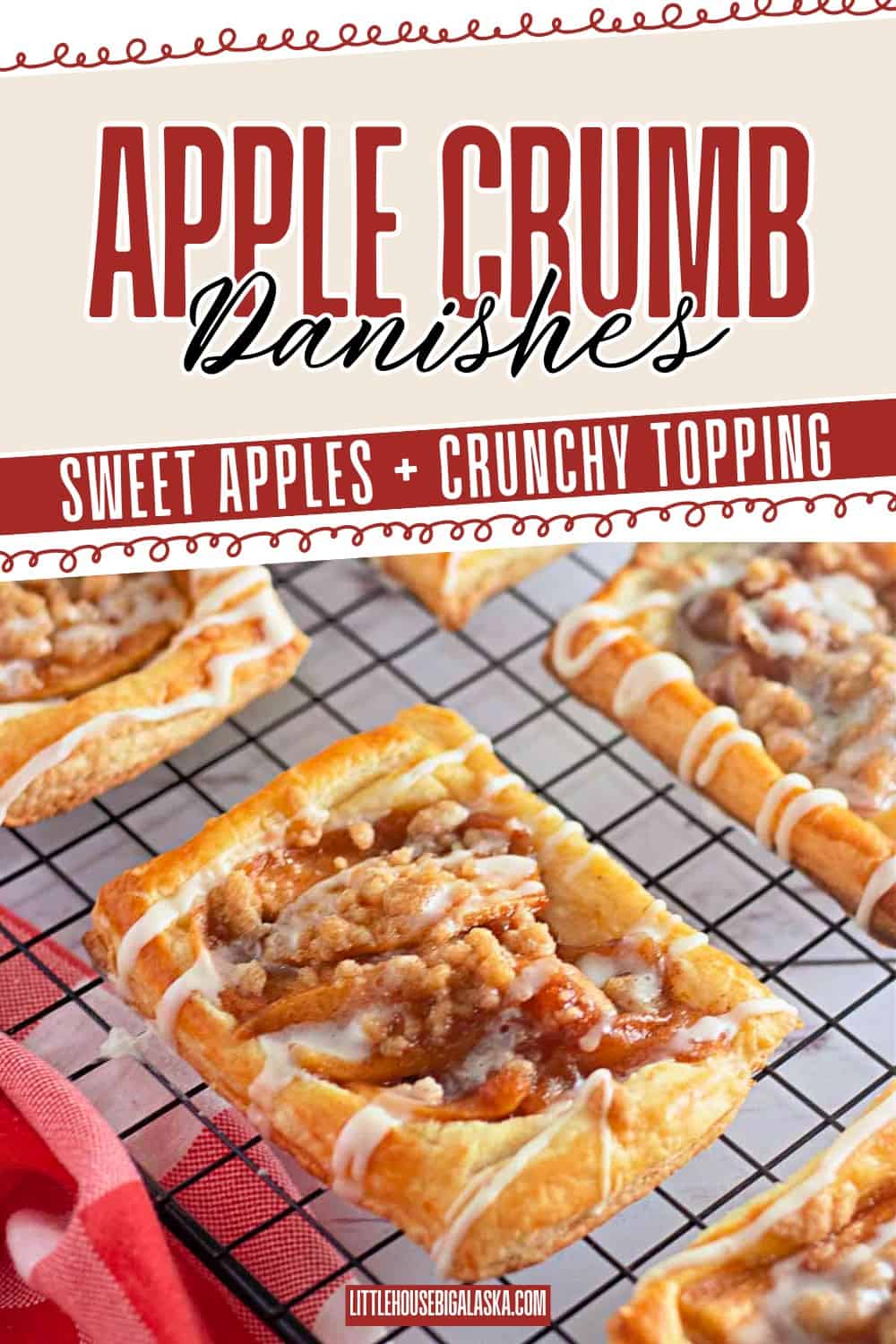 Apple crumb danishes with icing drizzles cooling on a wire rack, branding text at the top and bottom.