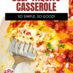 Close-up of a cheesy beef taquito casserole topped with chopped tomatoes and onions, partially served from a white baking dish. Text overlay promotes recipe simplicity and flavor.