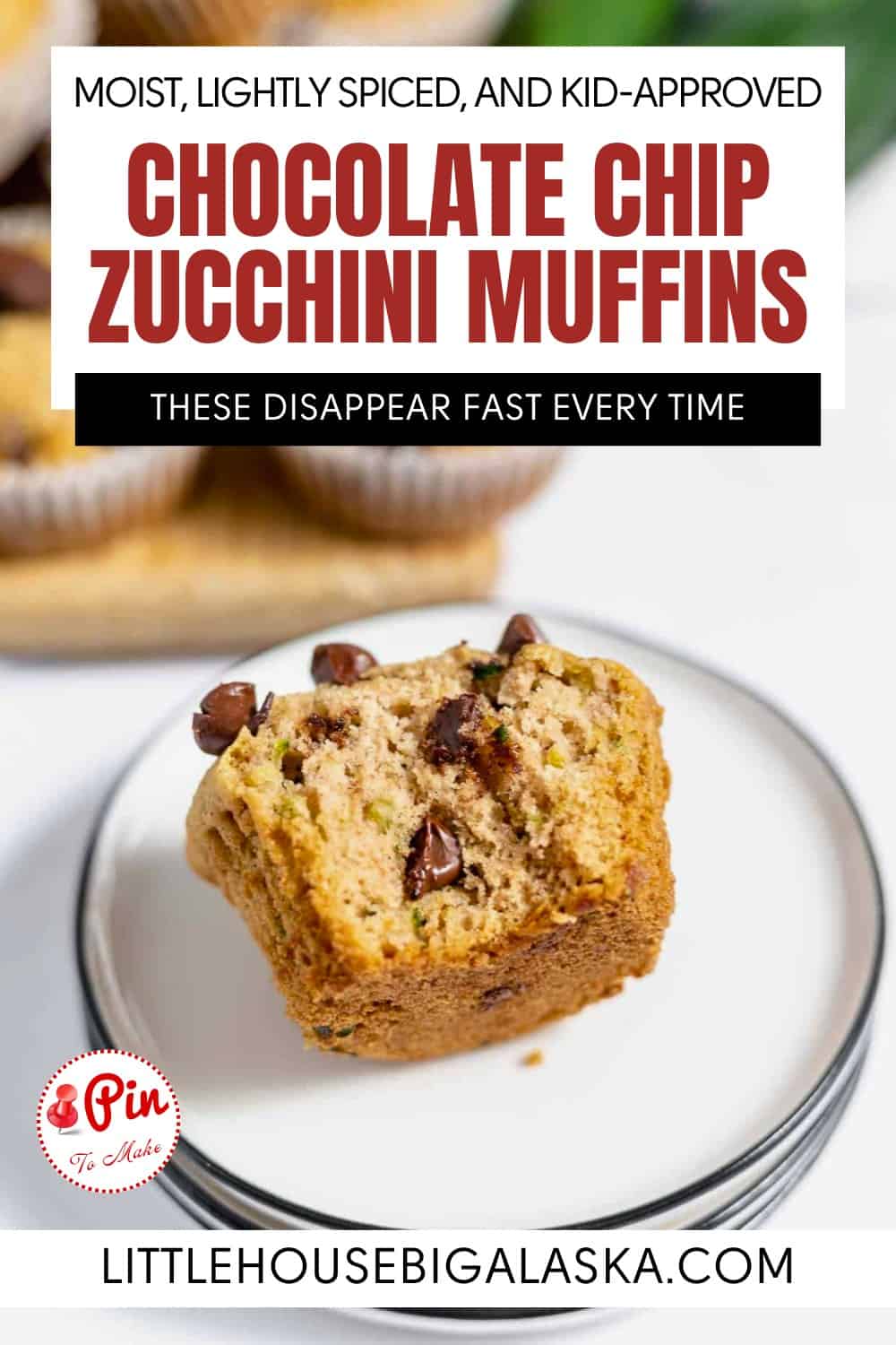 A sliced chocolate chip zucchini muffin on a white plate, displaying chocolate chips and zucchini pieces inside, with text promoting the recipe.