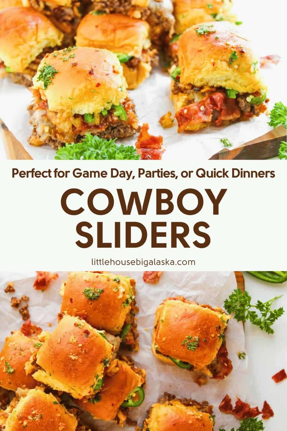 Two images of cheesy beef sliders with golden buns topped with parsley, placed on parchment paper; text overlay reads "Cowboy Sliders" and suggests serving them for parties or quick dinners.