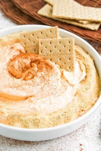 A white bowl filled with creamy dip topped with ground spices and crumbs, garnished with two rectangular crackers. More crackers are visible on a plate in the background.