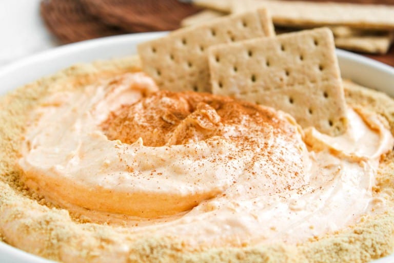A bowl of creamy dip topped with cinnamon and graham cracker crumbs, with several graham crackers inserted into the dip.