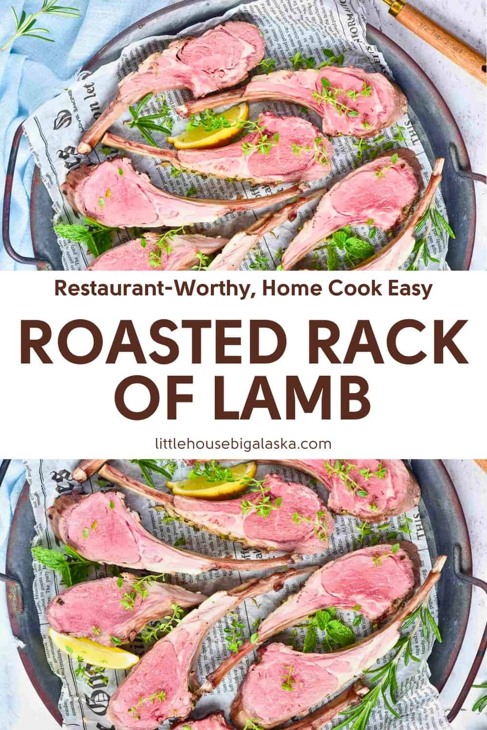 A tray of sliced roasted rack of lamb garnished with herbs, served on parchment paper with lemon slices; text overlay promotes the dish as "Roasted Rack of Lamb.