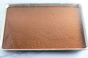 A baking sheet filled with raw chocolate cake batter, ready to be baked.