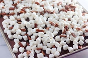 A baking sheet covered with mini marshmallows and pecan halves arranged in a single layer.