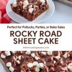 A slice of rocky road sheet cake topped with marshmallows and nuts on a plate, with the rest of the cake in a baking pan nearby.