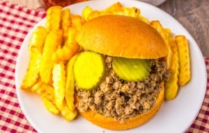 A plate with crinkle-cut fries and a ground beef sandwich on a bun topped with pickle slices, set on a red and white checkered napkin.