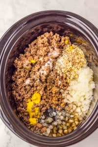 Ground beef, chopped onions, oats, mustard, seasoning, and liquid ingredients in a slow cooker, ready to be mixed.