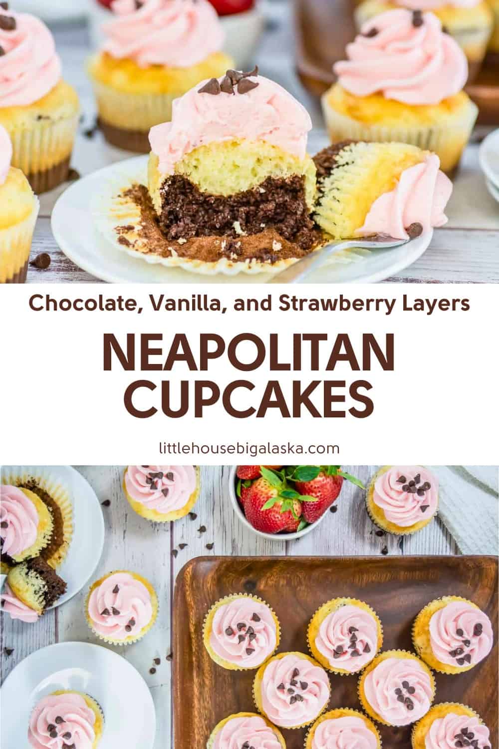 A plate of Neapolitan cupcakes with chocolate, vanilla, and strawberry layers and pink frosting, surrounded by more cupcakes and fresh strawberries.
