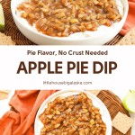 A bowl of apple pie dip with tender apple chunks in a spiced sauce, surrounded by graham crackers and green apple slices, sits on a white surface with an orange cloth.