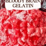 A red, brain-shaped gelatin dessert surrounded by dark leaves with the text "Gross but Delicious Bloody Brain Gelatin" and a website link at the bottom.