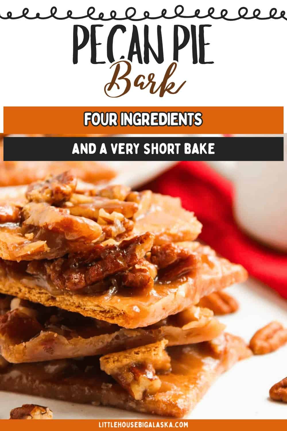 Close-up of Pecan Pie Bark pieces stacked on a plate, showcasing caramelized pecans on a cracker base with a blurred red and white background.