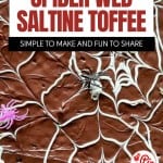 Chocolate-covered spider web saltine toffee, topped with white spider web designs and plastic toy spiders, makes a spooky treat perfect for Halloween parties.