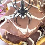 Chocolate-covered toffee bars with white icing swirls, topped with a plastic black spider decoration.