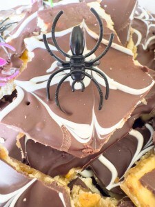 Chocolate-covered toffee bars with white icing swirls, topped with a plastic black spider decoration.