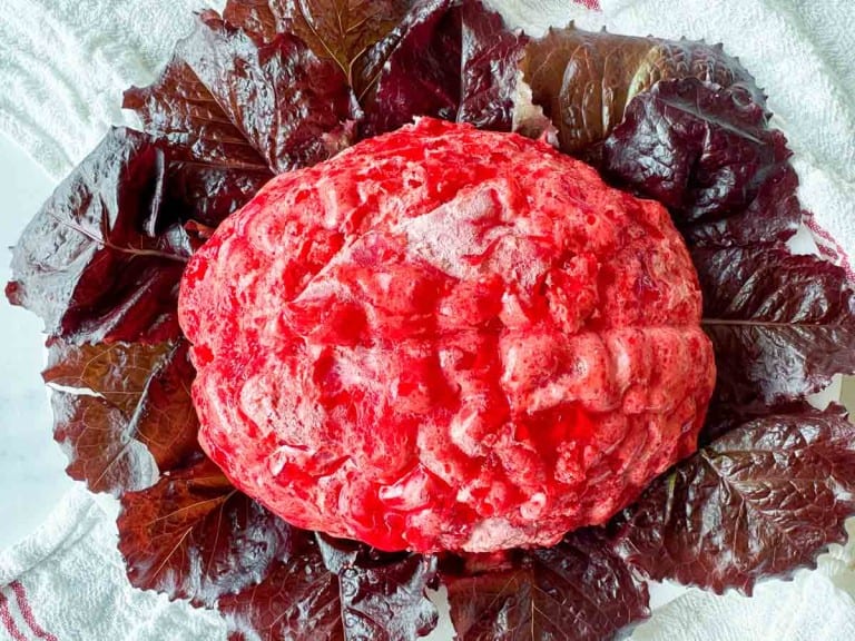 A molded, red gelatin salad shaped like a brain is placed on top of dark red lettuce leaves on a white towel.