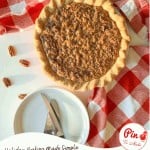 A whole chopped pecan pie sits on a red and white checkered cloth, with a plate, knife, fork, and some pecans beside it. Text reads: “Chopped Pecan Pie.”.