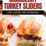 Close-up of Cranberry Turkey Sliders on a white surface, garnished with rosemary, with text promoting a festive leftover recipe from littlehousebigalaska.com.