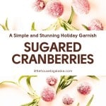 Sugared Cranberries with sprigs of rosemary are artfully arranged on a white surface, accompanied by text showcasing these festive Sugared Cranberries as the perfect holiday garnish.