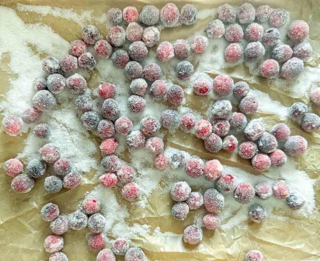 Sugared cranberries spread out on parchment paper, coated evenly with granulated sugar.