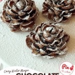 Three Chocolate Pinecone Truffles, shaped like pinecones and dusted with powdered sugar, are artfully arranged on a white plate. Text on the image reads "Chocolate Pinecone Truffles.