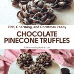 Three Chocolate Pinecone Truffles, dusted with powdered sugar, are displayed on a white surface with a pink cloth in the background.