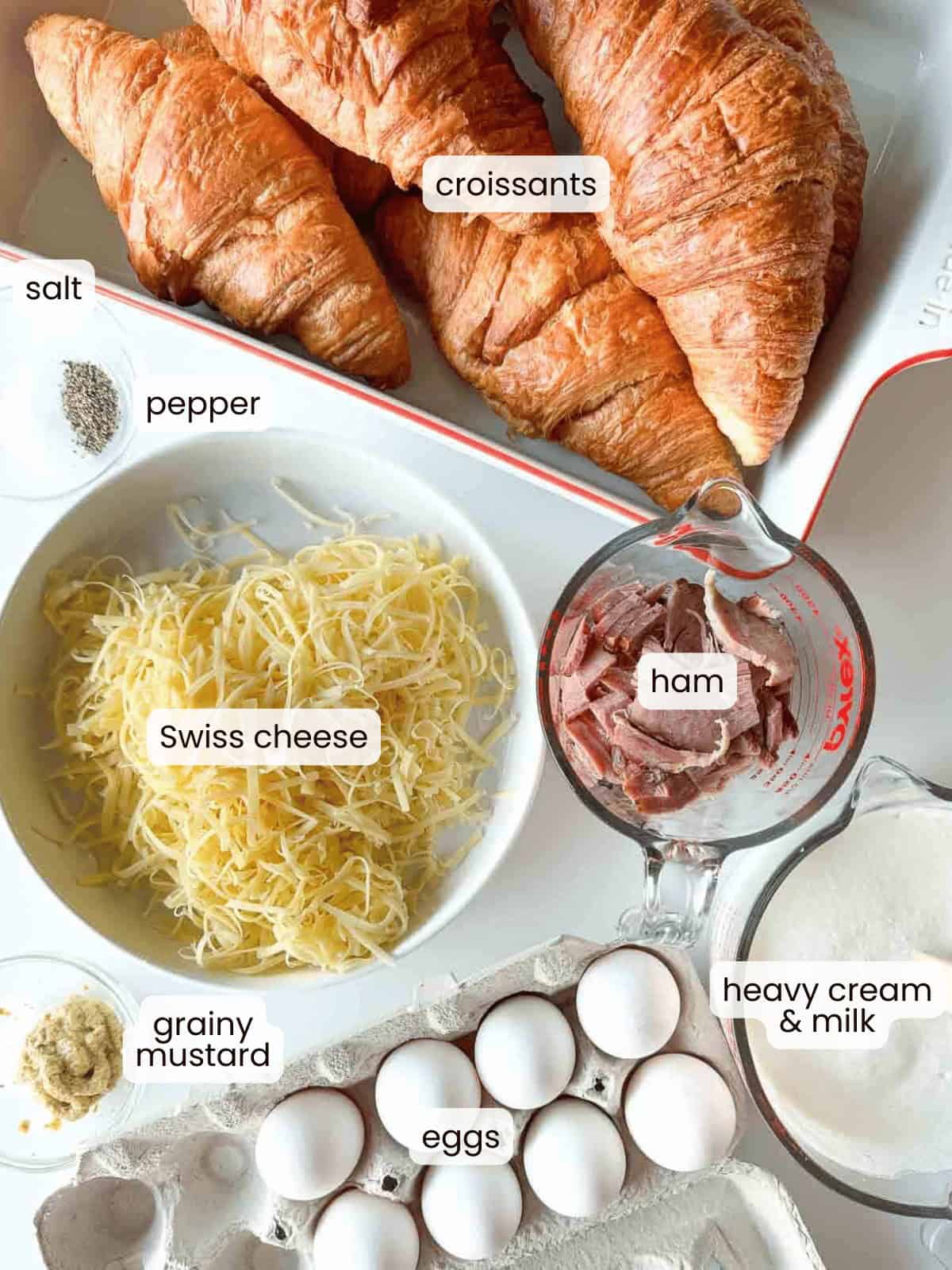 Overhead view of ingredients for a ham and swiss croissant breakfast casserole&mdash;croissants, Swiss cheese, ham, eggs, heavy cream and milk, grainy mustard, salt, and pepper&mdash;neatly arranged and labeled on a white surface.