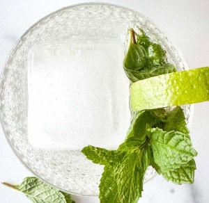 A top-down view of a clear drink with a large ice cube, garnished with a fresh mint sprig and a lime wheel.
