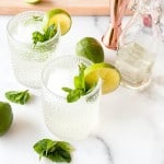 Two glasses filled with ice, garnished with lime slices and mint, surrounded by whole limes, fresh mint, a bottle, and a cocktail jigger on a white surface.
