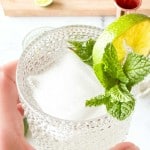 A hand holds a textured glass of clear cocktail with a large ice cube, garnished with a lime slice and fresh mint.