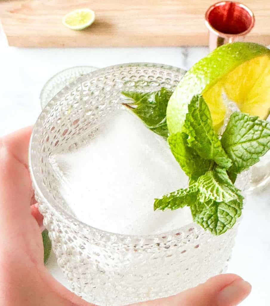 A hand holds a textured glass of clear cocktail with a large ice cube, garnished with a lime slice and fresh mint.