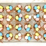 A muffin tin filled with chocolate nests, each topped with three colorful candy eggs in pink, blue, yellow, and white.