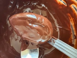 A close-up of a metal spoon coated in melted chocolate, with crunchy peanut butter eggs and more melted chocolate visible in the bowl underneath.