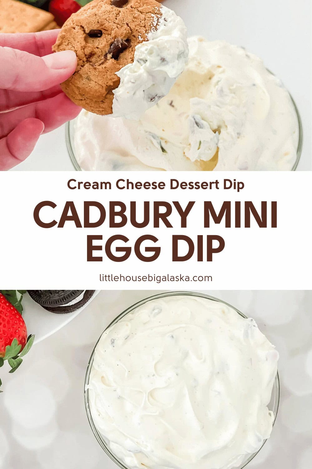 A hand dips a chocolate chip cookie into a bowl of creamy Cadbury Mini Egg Dip, a luscious treat made with cream cheese.