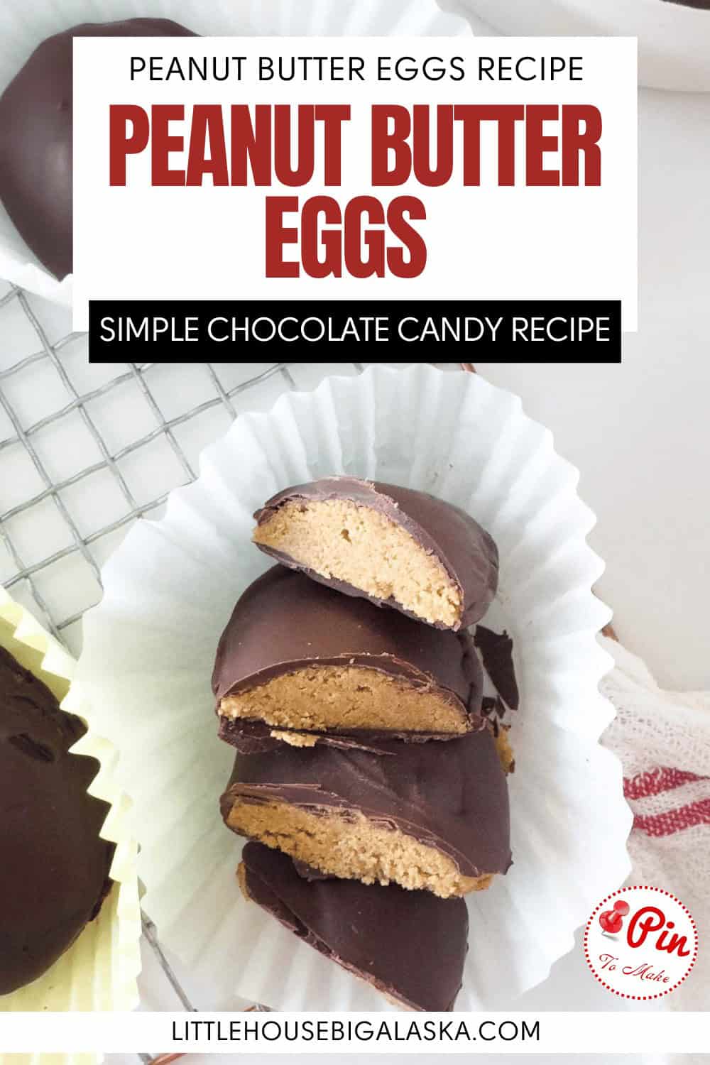 Three crunchy peanut butter eggs coated in chocolate are stacked in a white paper cup, with one sliced open to reveal the crunchy peanut butter filling inside.