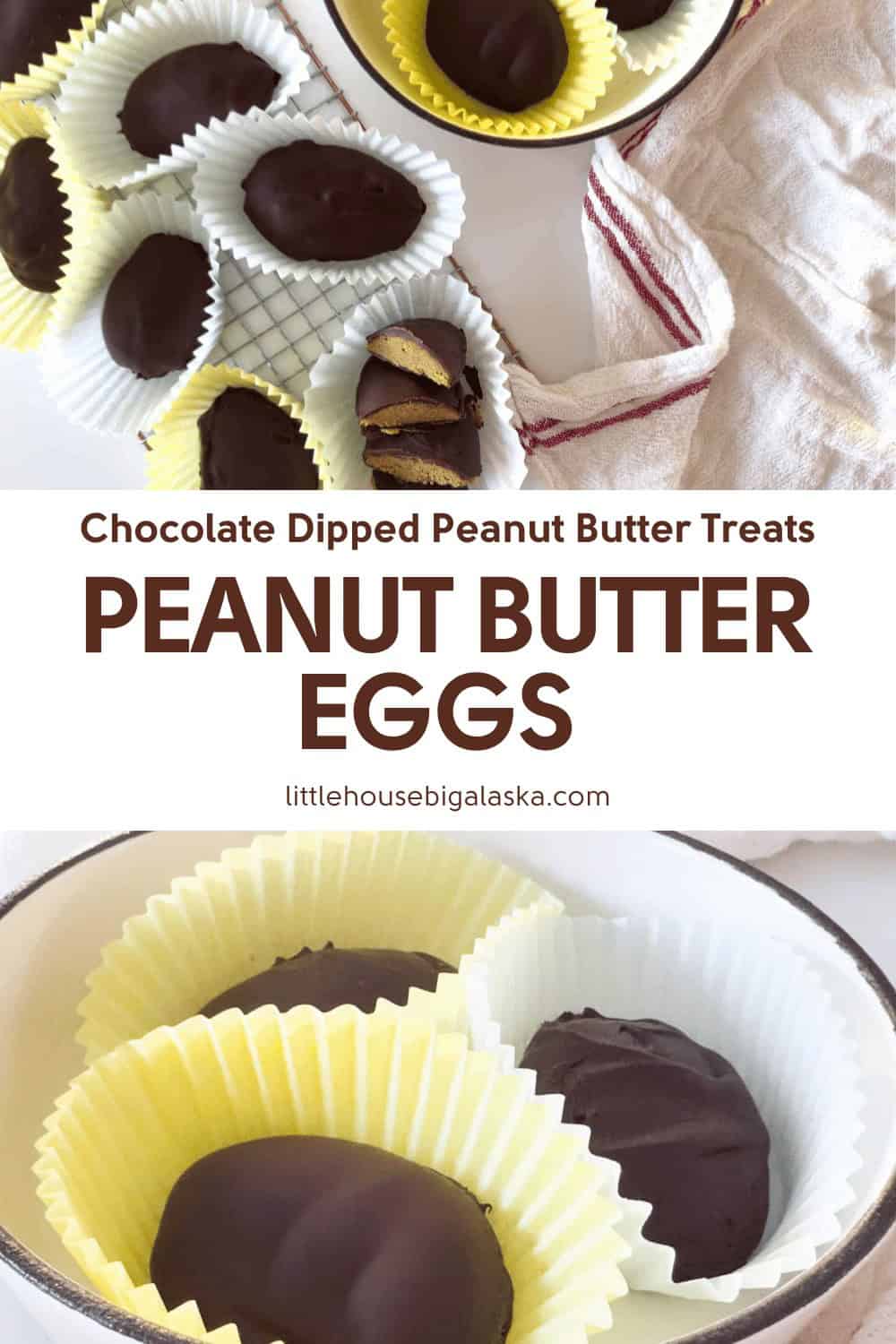 Crunchy peanut butter eggs dipped in chocolate, nestled in paper liners and arranged on plates and a towel, with a text overlay reading "PEANUT BUTTER EGGS.