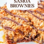 Close-up of Samoa brownies topped with coconut and chocolate drizzle; a missing piece reveals the rich brownie layers beneath.