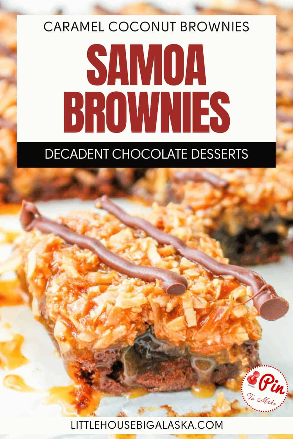 Close-up of samoa brownies topped with coconut flakes, caramel drizzle, and chocolate stripes on a white surface. Text overlay describes the dessert as “Samoa Brownies.”.