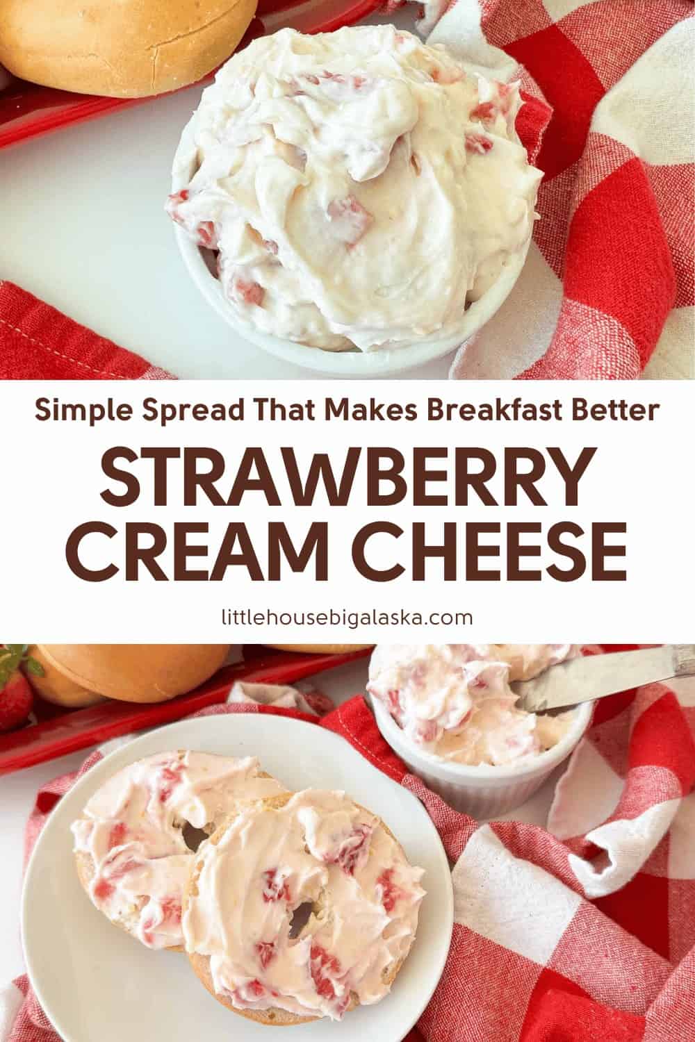 A bowl of strawberry cream cheese sits on a table with a red checkered napkin, while bagel halves generously topped with strawberry cream cheese invite you to indulge. Enjoy this creamy, fruity spread that everyone will love!.